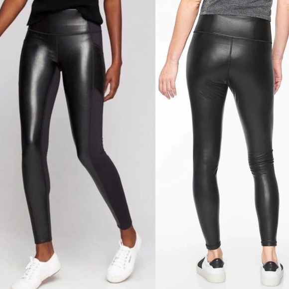Athleta Pants - Athleta All Over Gleam Tights Faux Leather Vegan Pleather High Rise Black Sz S